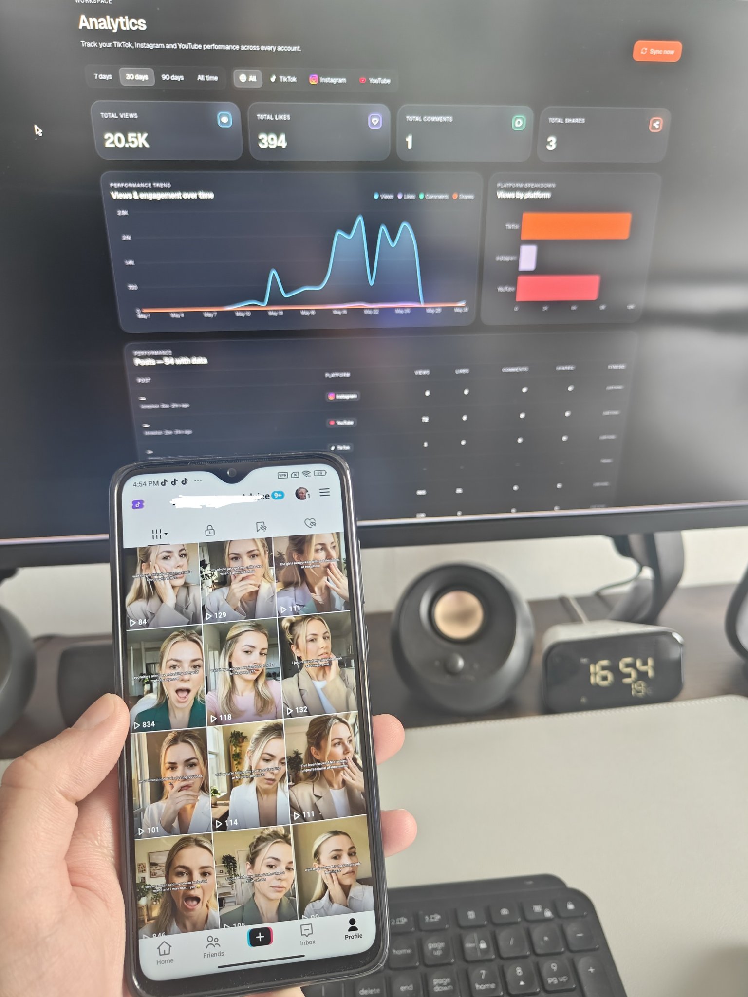 ViralGrow analytics dashboard showing 20.5K total views beside a phone displaying a TikTok profile full of AI-creator videos
